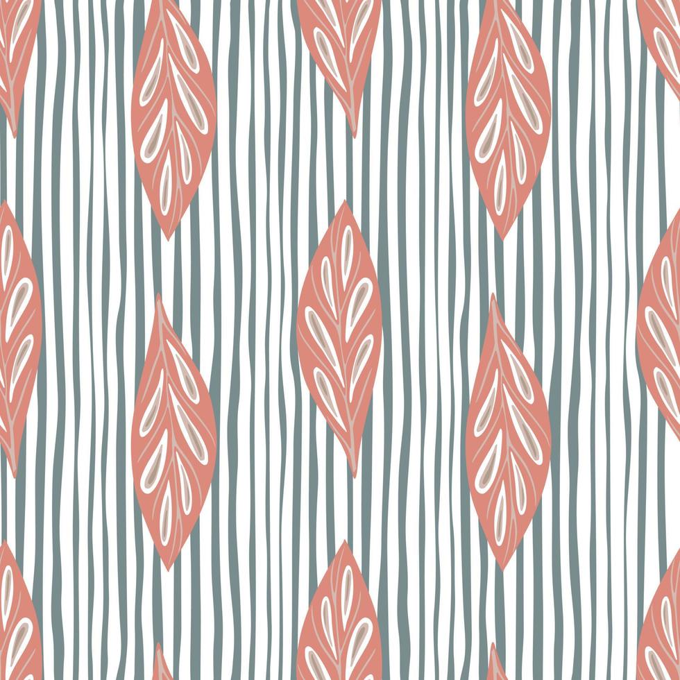 Spring seamless pattern with doodle pink foliage leaf ornament. Striped blue and white background. vector