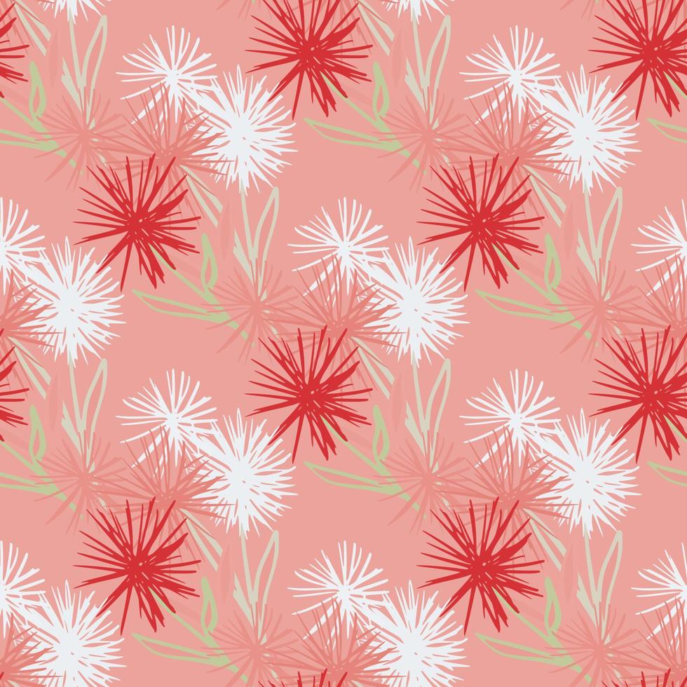 Bright summer dandelion seamless pattern. Red and white contrast flower colors on pink background. vector