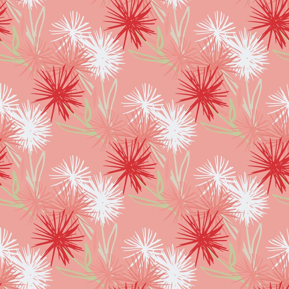 Bright summer dandelion seamless pattern. Red and white contrast flower colors on pink background. vector