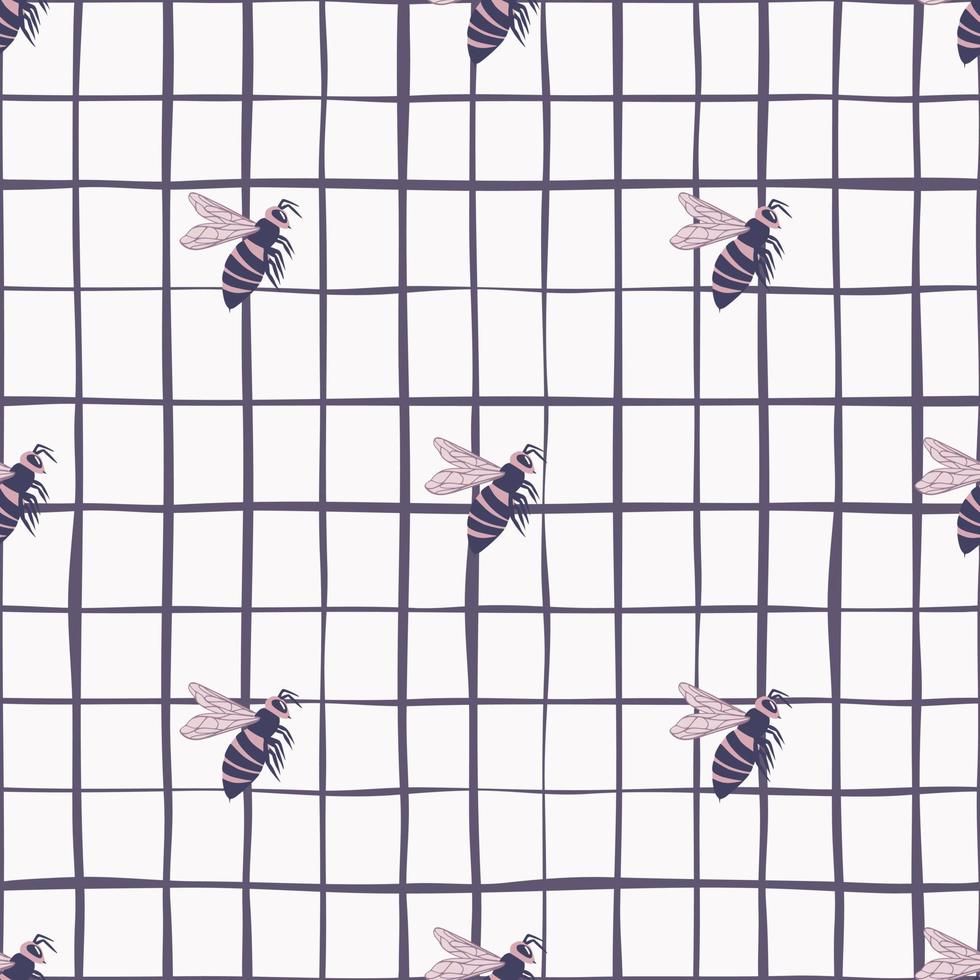 Purple little bees ornament seamless doodle pattern. White chequered background. vector