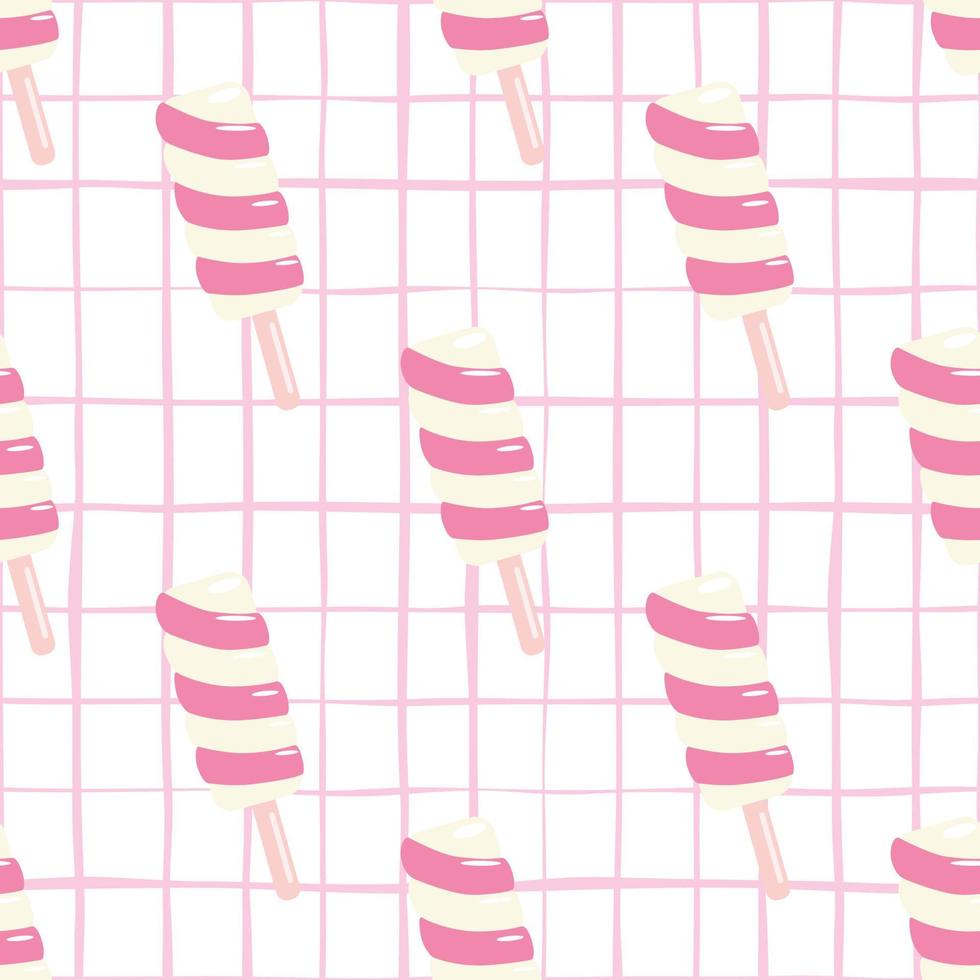 Creative seamless pattern with twister fruit ice in pink colors. White bakground with check. vector
