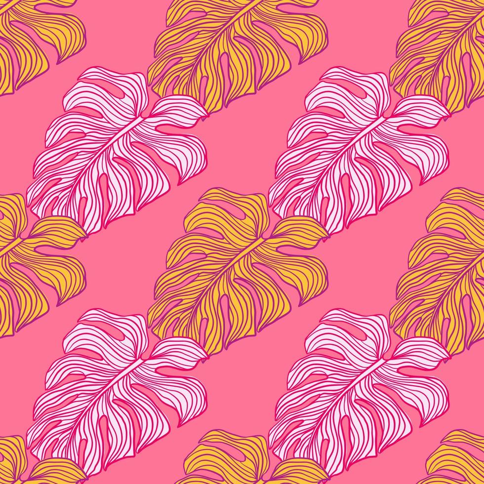Bright monstera leaves silhouette seamless pattern on pink background. Abstract tropical outlines foliage backdrop vector