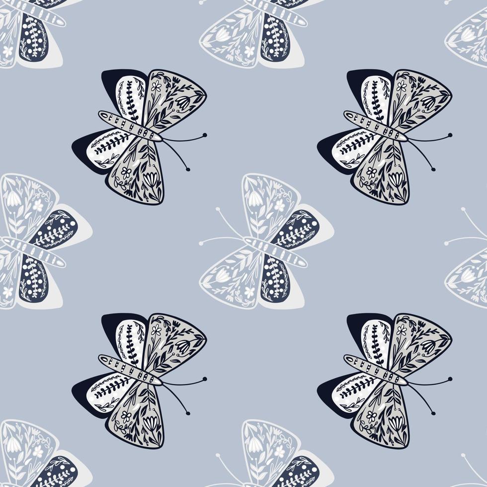 Insect seamless pattern with hand drawn folk butterfly shapes with botanic print. vector