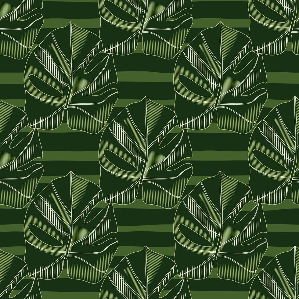 Creative seamless hand drawn monstera pattern. Palm foliage ornament with striped background. Artwork in green tones. vector