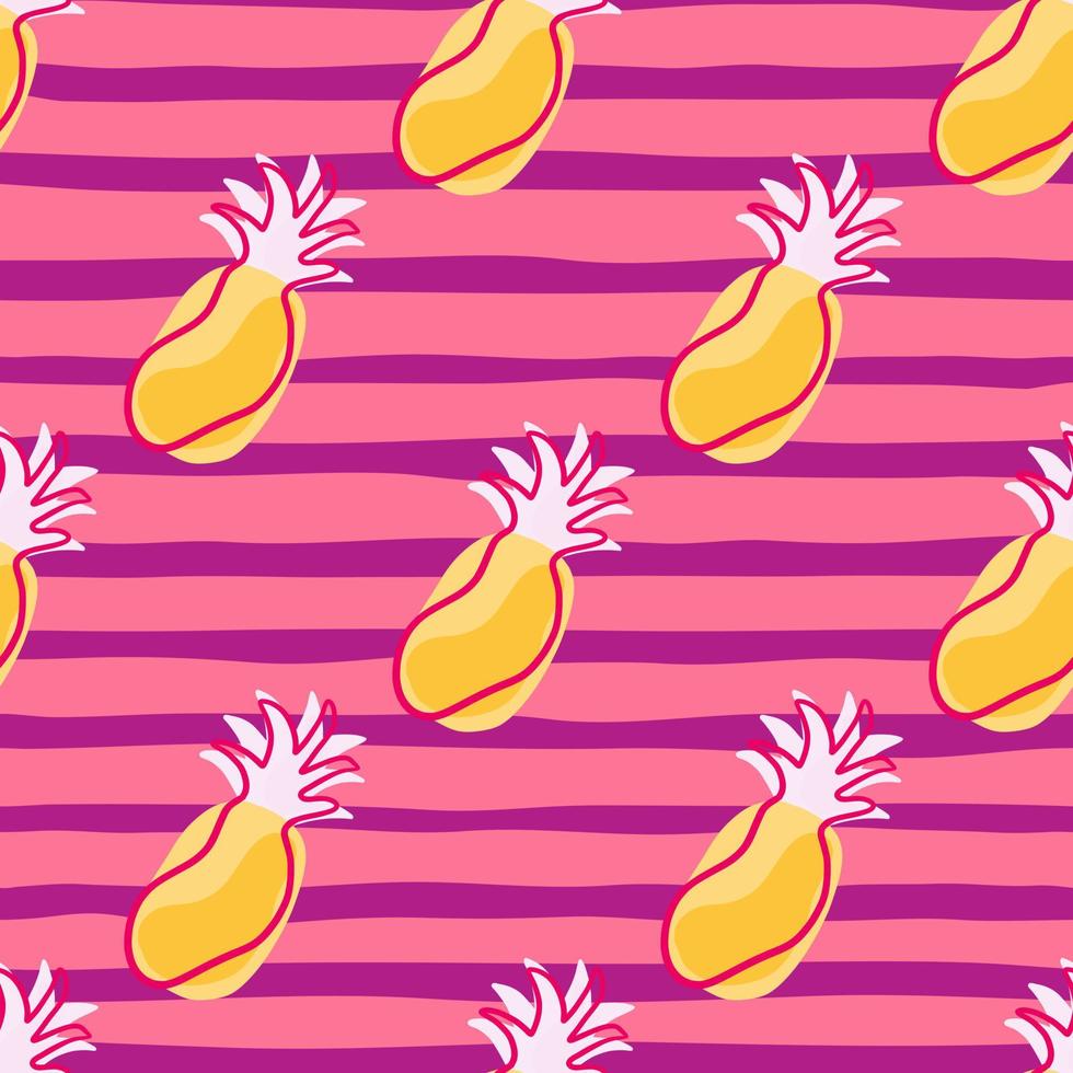 Yellow contoured seamless pattern with doodle pineapples shapes. Pink striped background. Simple style. vector