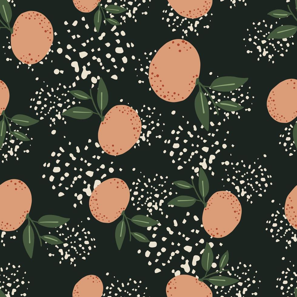 Abstract food seamless pattern with pink random mandarin ornament. Black background with splashes. vector
