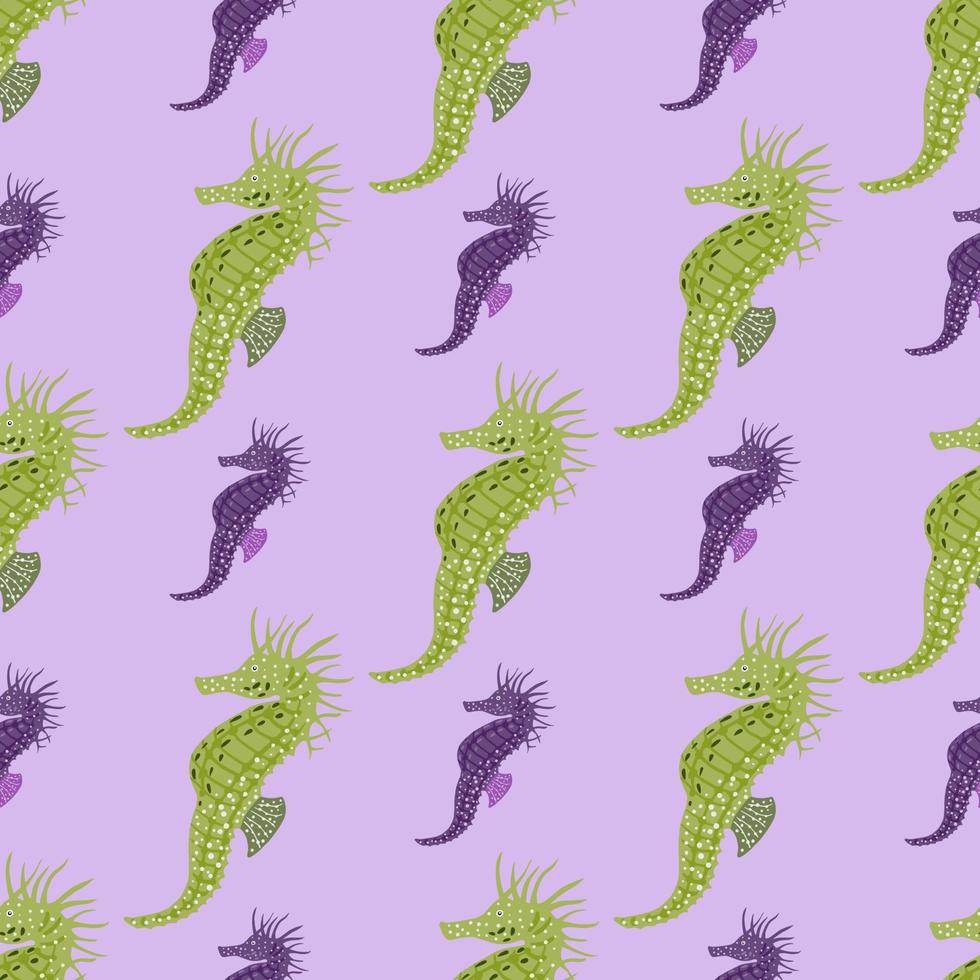 patrón transparente de ornamento de caballito de mar púrpura y verde de dibujos animados. fondo morado pastel. diseño simple. vector