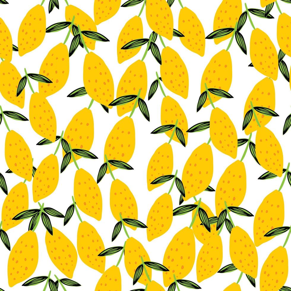 limón divertido con patrones sin fisuras de la hoja. papel tapiz de frutas cítricas dibujadas a mano. vector