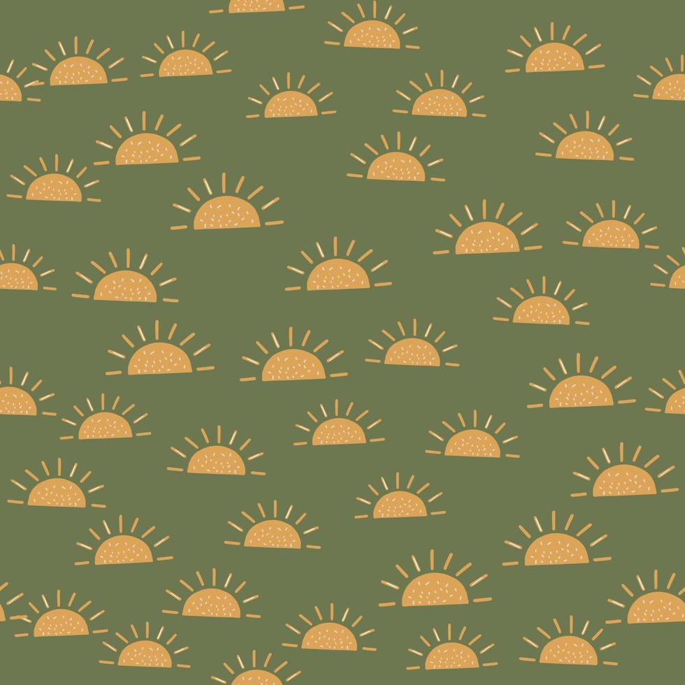 Simple style kids seamless pattern with random little orange childish sun print. Green olive pale background. vector