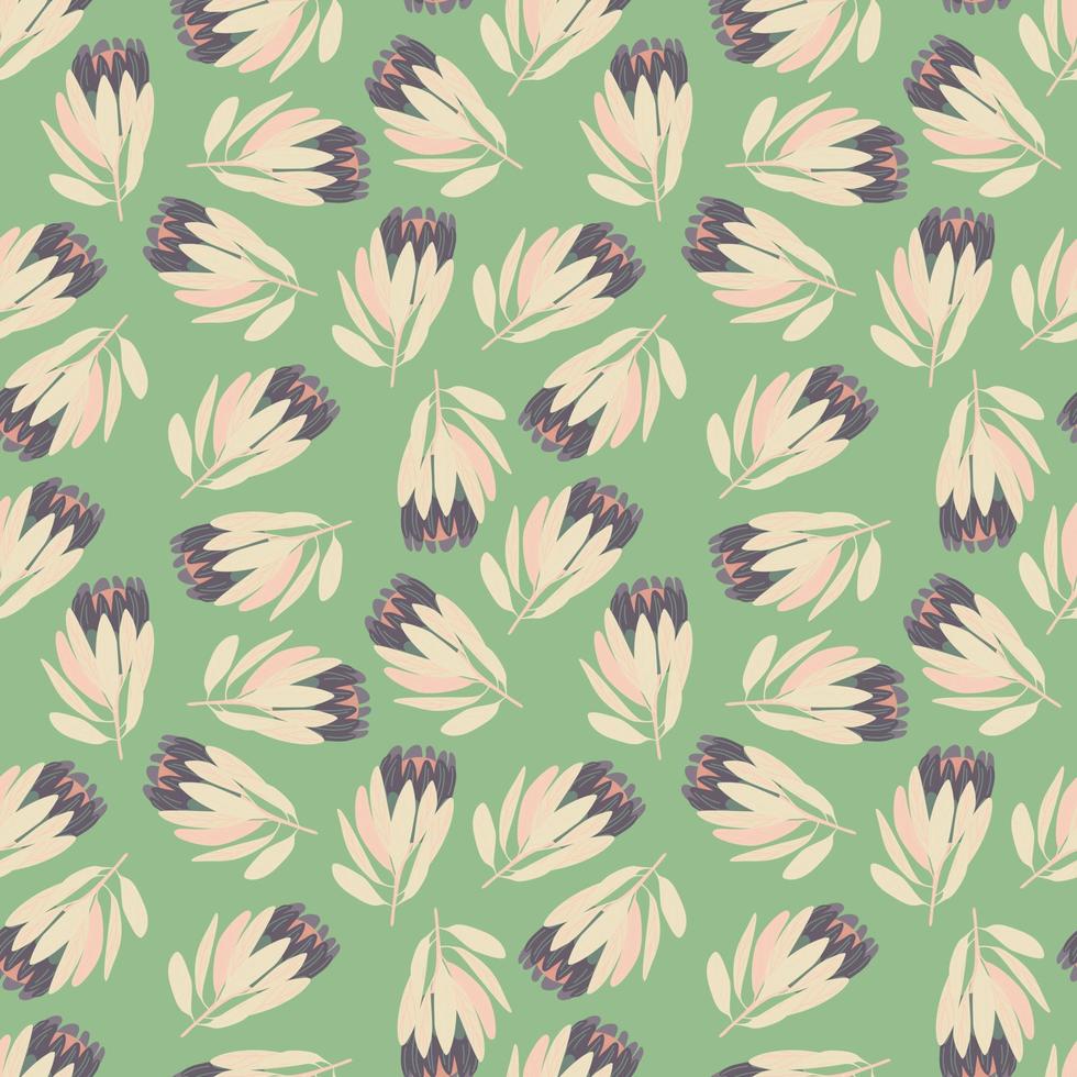 Random little protea flowers silhouettes seamless pattern in purple and beige colors. Green background. vector