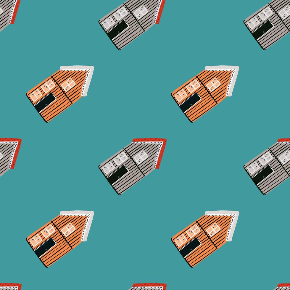 Scandi minimalistic seamless pattern with brown wood house elements. Blue background. vector