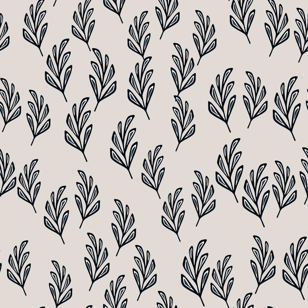 Geometric foliage branches little random seamless pattern. Grey background. Navy blue botanic print. vector