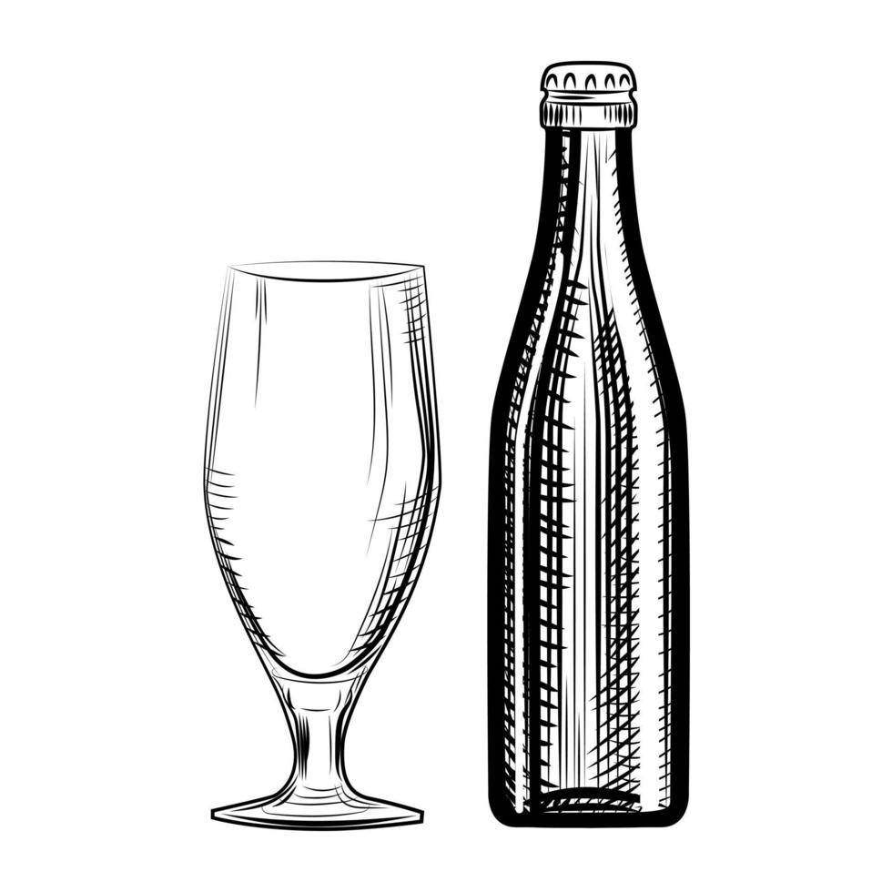 Beer bottle and glass. Engraving style. Hand drawn illustration vector