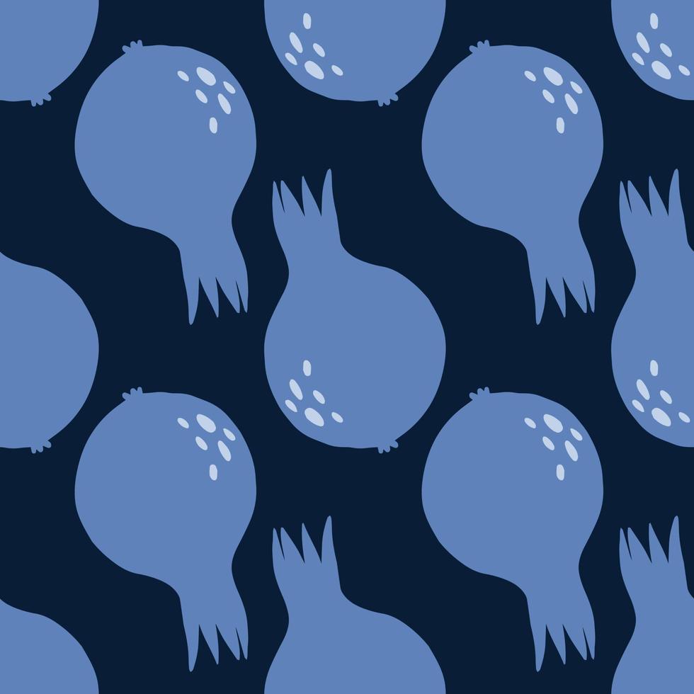 Decorative blue pomegranate fruit seamless pattern on black background. vector