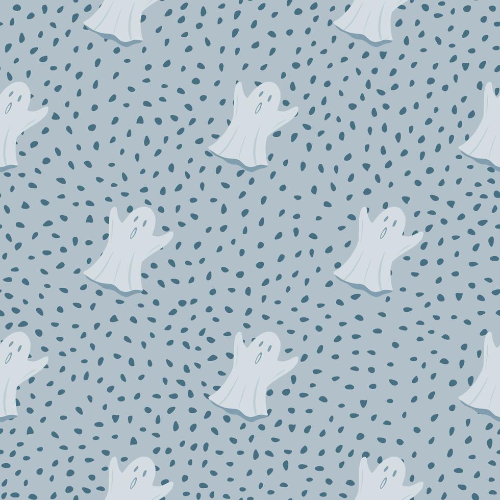 Lisht pastel blue ghosts print seamless pattern. Halloween scary print with blue dotted background. vector