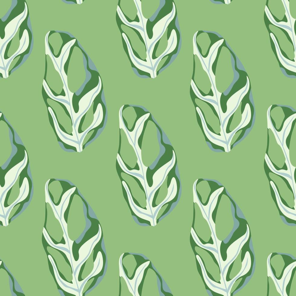 Simple pastel seamless pattern with monstera ornament. Green background. Simple artwork with white and blue colored botanic print. vector