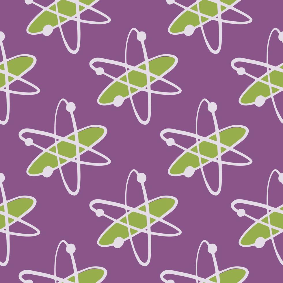 Seamless education print with green and white molecule elements. Purple tone background. Cartoon school print. vector