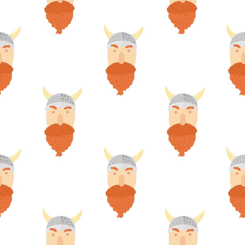 Isolated doodle viking face ornament seamless pattern. White background. Norway mans with orange beard. vector