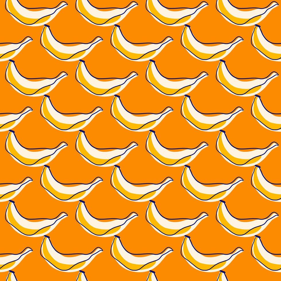 Yellow contoured bananas seamless pattern on orange bright background. Food doodle backdrop. vector