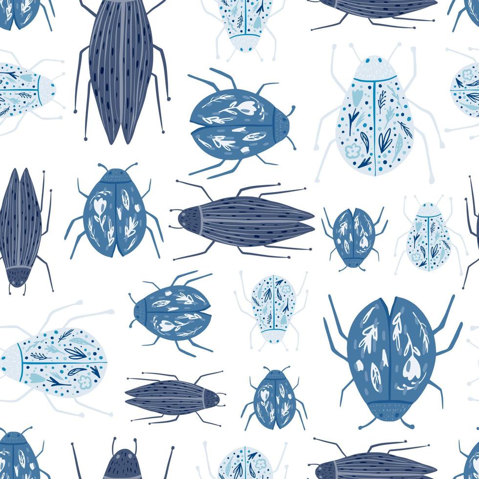 Funny beetle wallpaper. Geometric insect ornament. Blue bugs seamless pattern isolated on white background vector