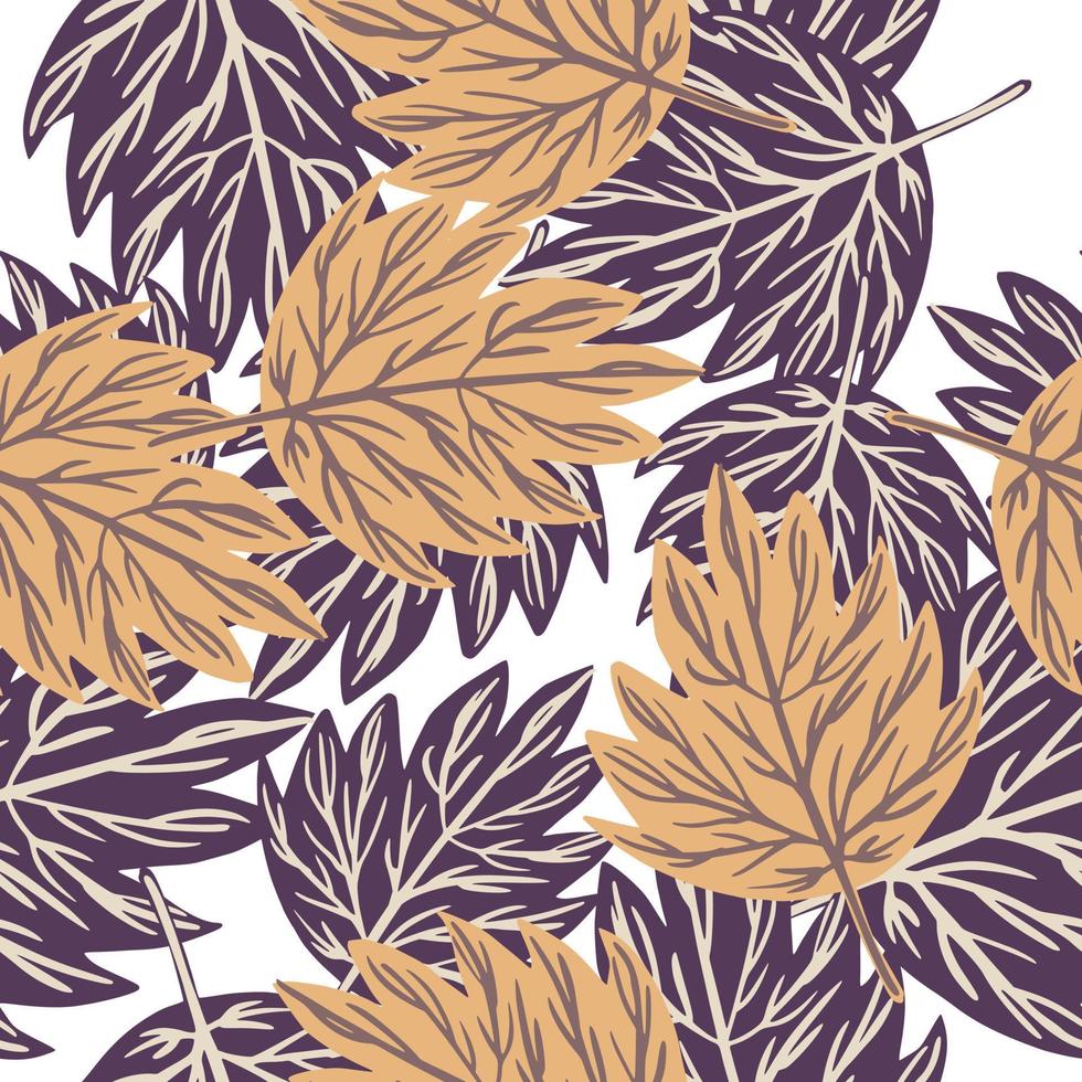 Floral isolated random seamless doodle pattern with beige and purple contoured leaf shapes. White background. vector