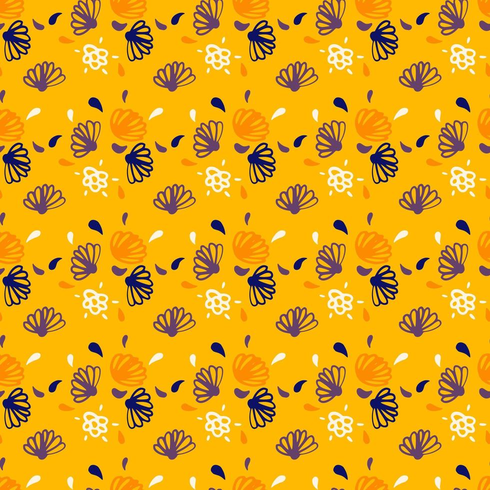 Bright summer seamless outline flower pattern. Multicolor botanic silhouettes on yellow background. vector