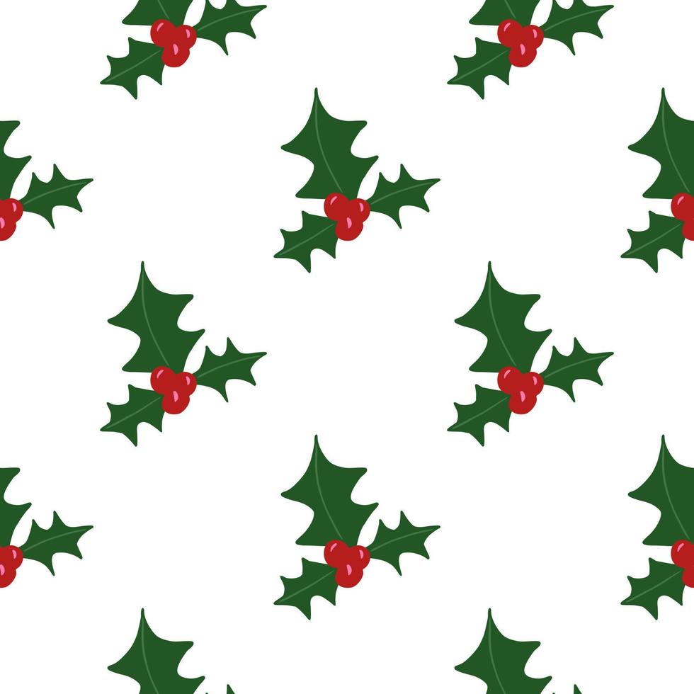 Isolates seamless doodle pattern with green and red colored mistletoe ornament. White background. Xmas winter artwork. vector