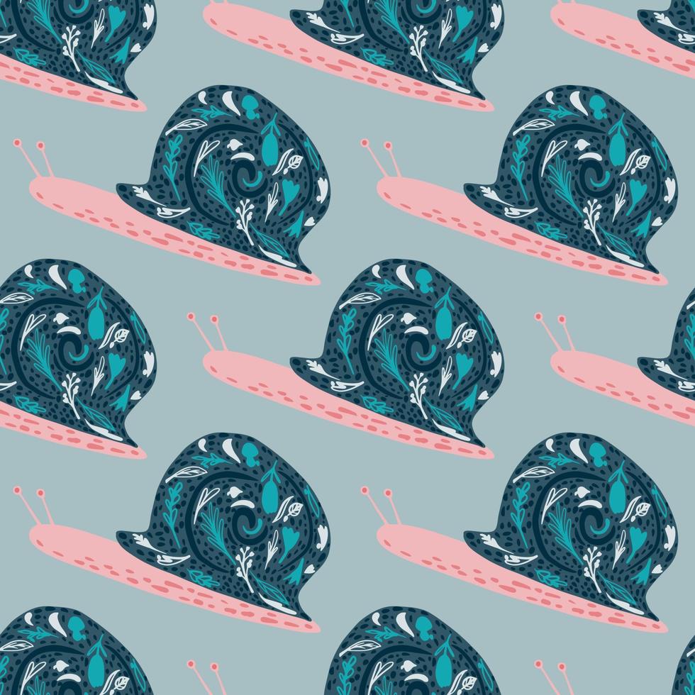 Seamless doodle stylized pattern with cartoon snail silhouettes. Blue and pink colored ornament on light background. vector