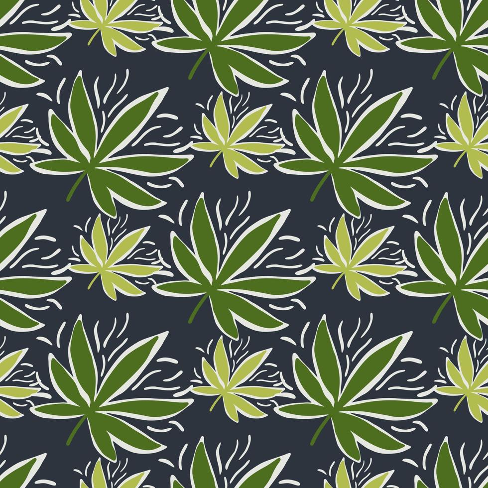 patrón impecable con infinitas hojas de cannabis sobre fondo azul marino. elementos de tono verde. vector