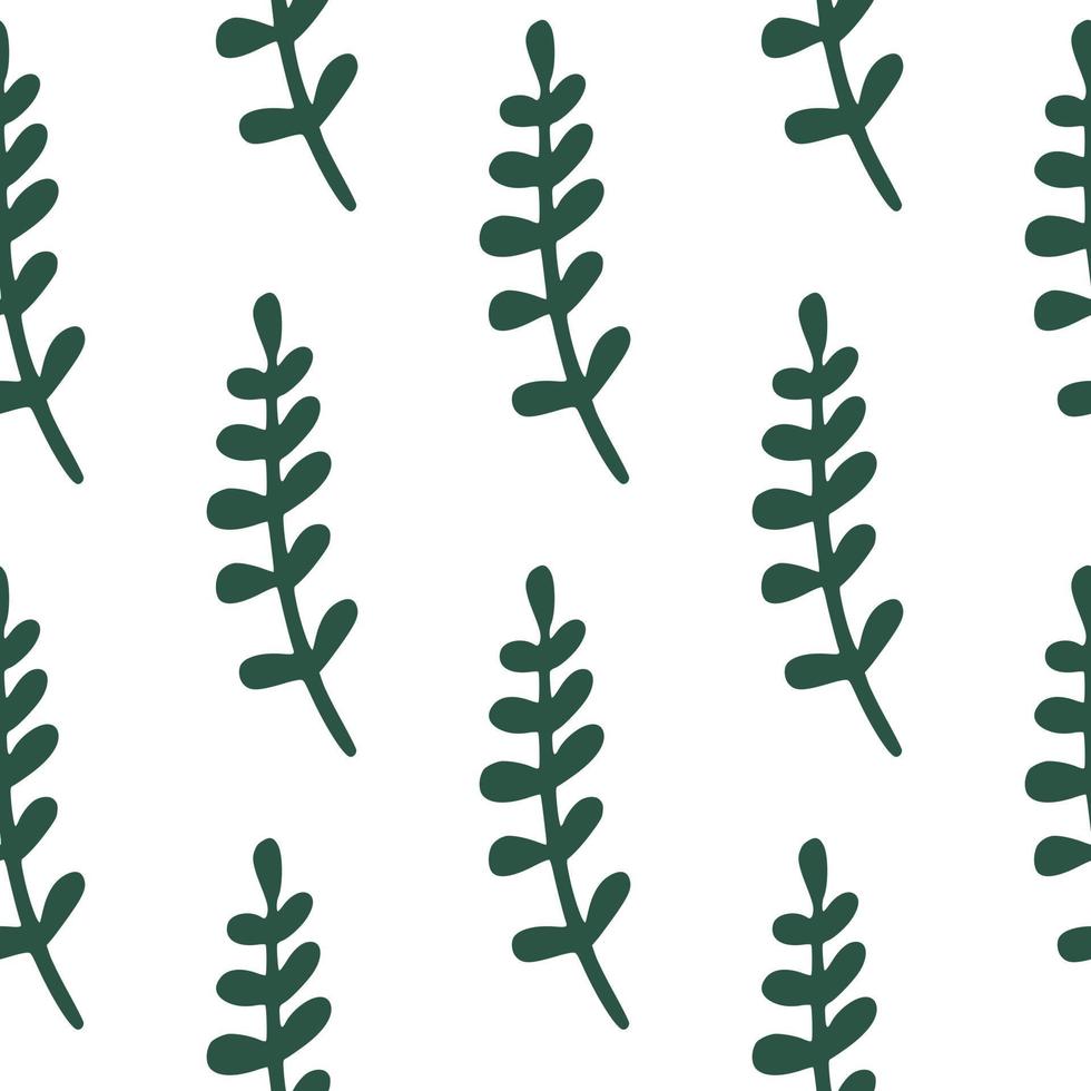 patrón de garabato aislado sin costuras con formas simples de ramas tropicales verdes. Fondo blanco. vector