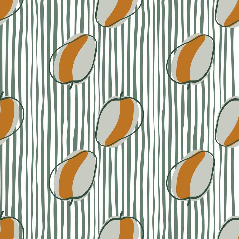 Tasty seamless pattern with grey and brown apricot shapes. Striped background. Hand drawn organic food print. vector