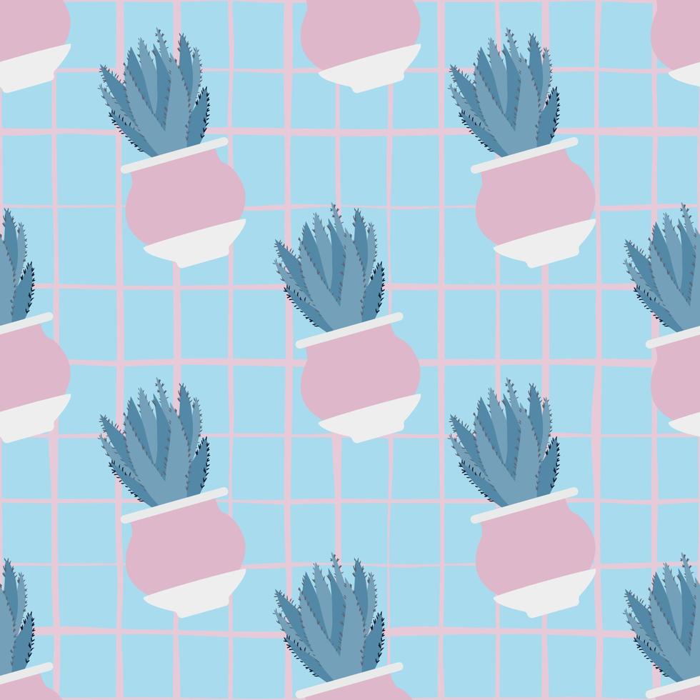 Aloe cactus in pot seamless pattern on stripes background. vector