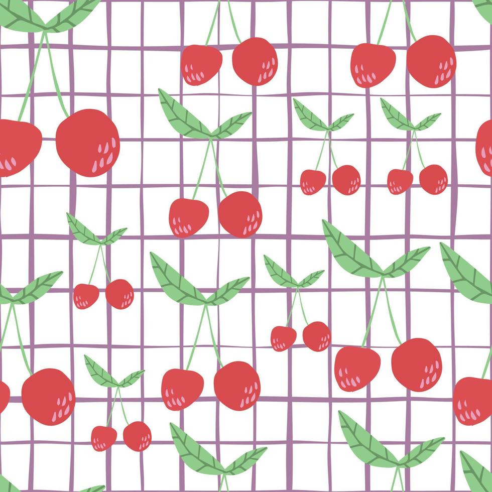 Cute cherry seamless pattern for fabric design. Cherries wallpaper on stripes background. vector