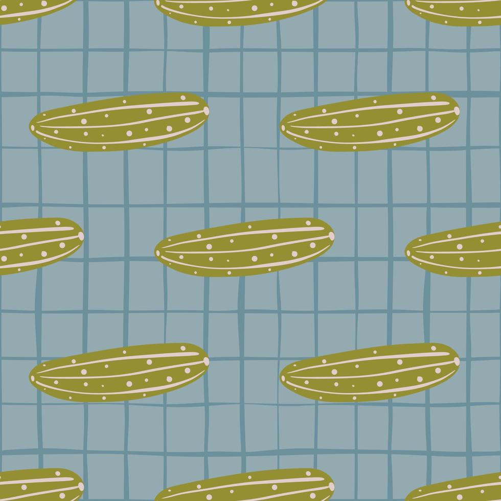 Geometric cucumber seamless pattern on stripes background. Doodle cucumbers vegetable backdrop. vector