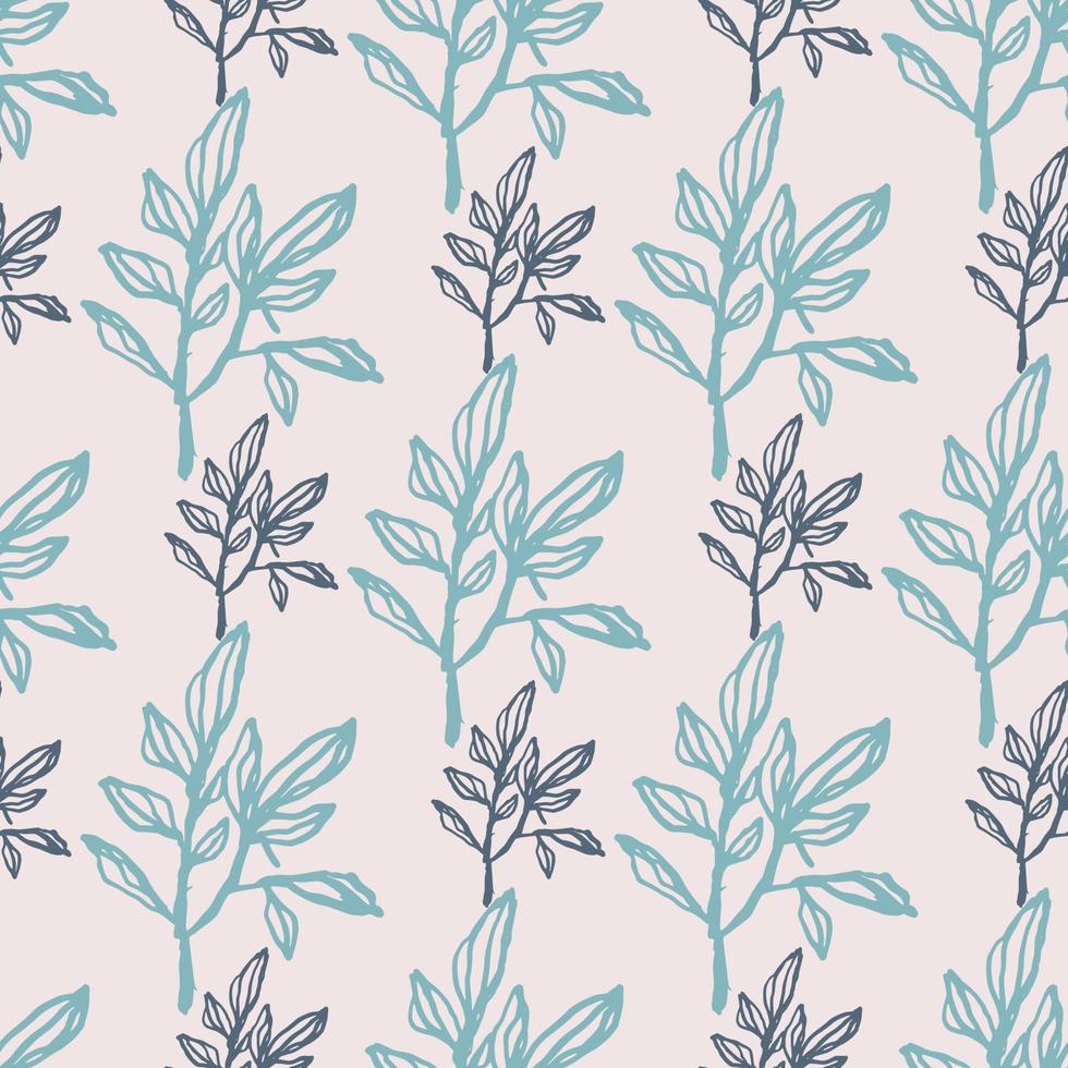 Hand drawn floral seamless pattern with branches. Foliage in navy and blue colors on light pastel background. vector