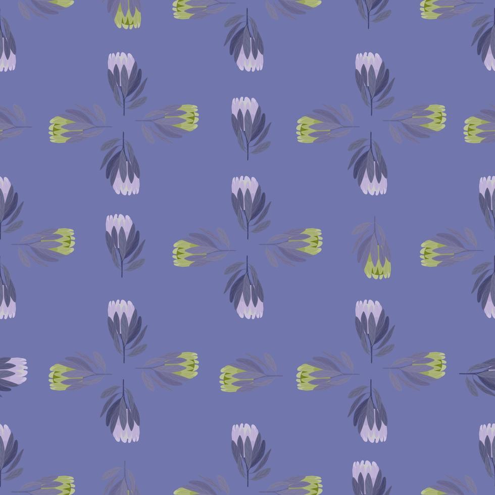 Geometric stylistic seamless pattern with hand drawn protea flowers shapes. Pastel blue background. vector