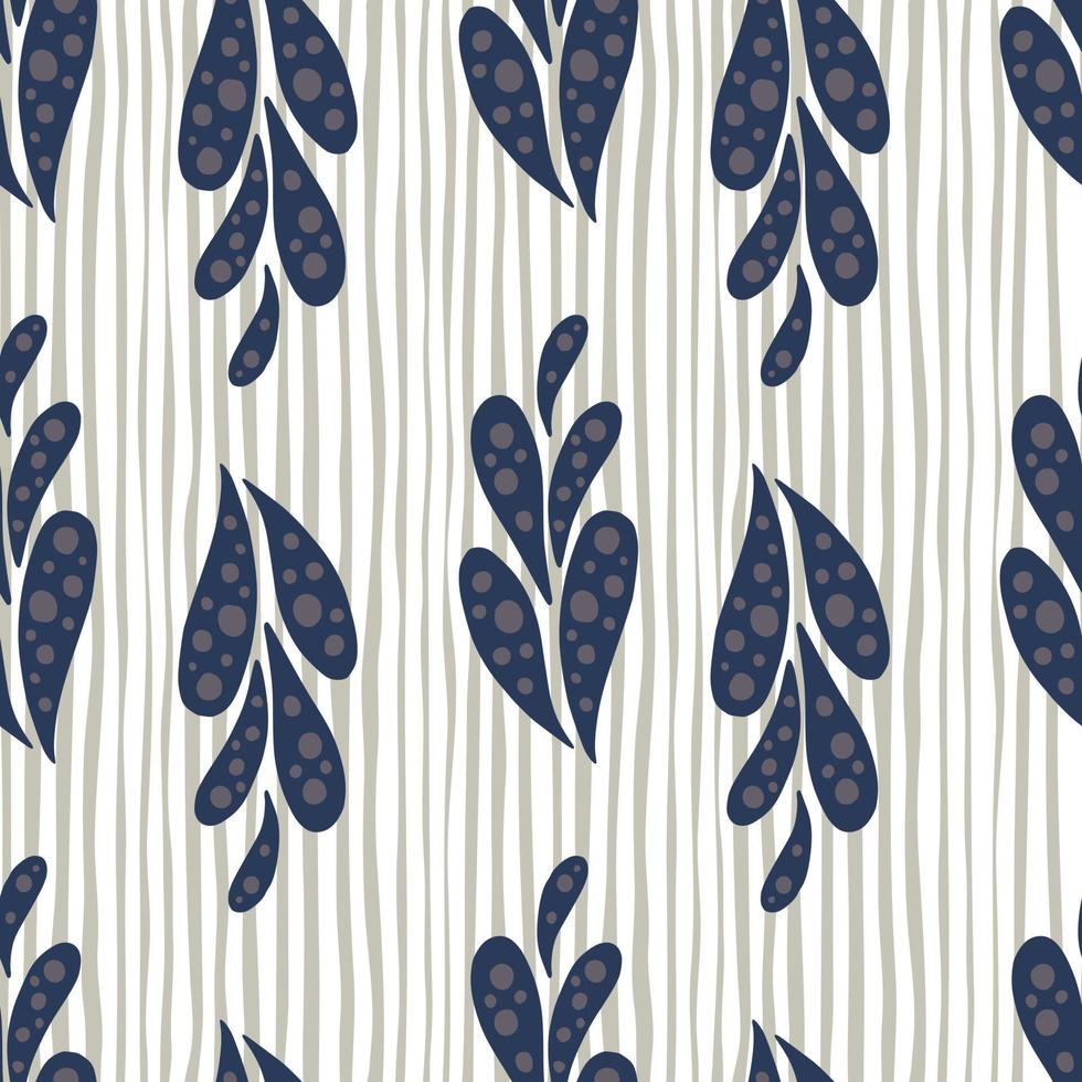 Paisley seamless pattern with abstract doodle navy blue oriantal cucumber shapes. Striped background. vector