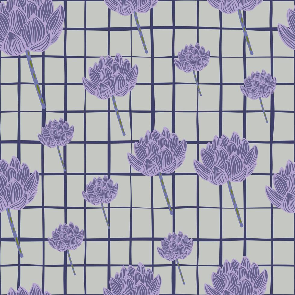 Random seamless pattern in pale tones with purple colored lotus flower elements. Grey chequered background. vector