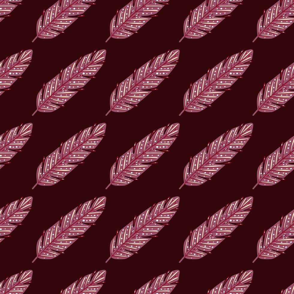 Boho pink feather seamless doodle pattern for decorative design. Aztec style. Maroon dark background. vector