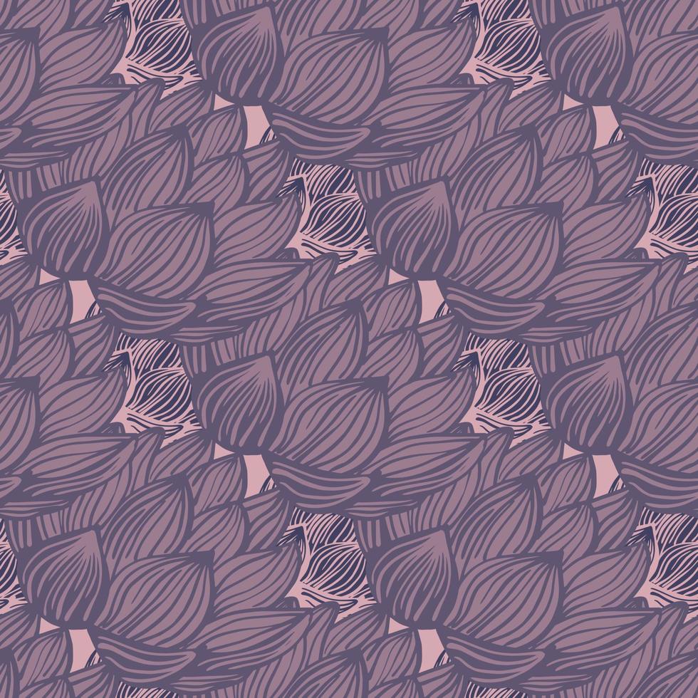 Abstract nature seamless pattern with purple pale contoured lotus flower silhouettes. Pink background. vector