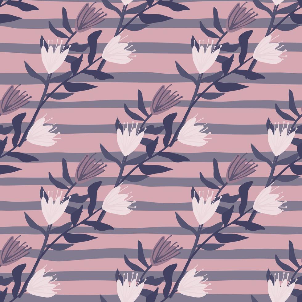 White tulip silhouettes seamless pattern. Stripped background with purple strips. Floral backdrop. vector