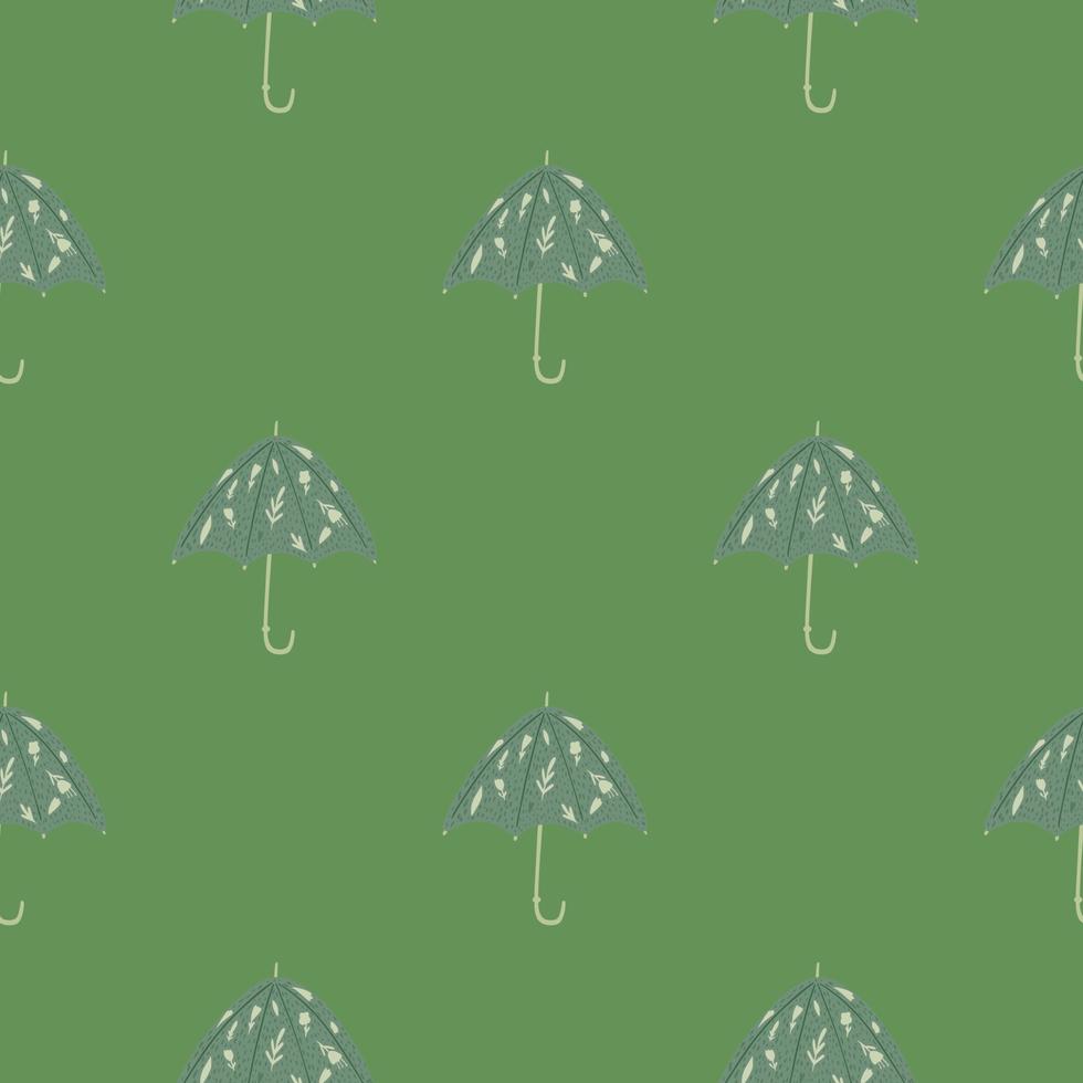 Seamless pattern with hand drawn grey umbrella silhouettes with folk flowers. Green background. vector