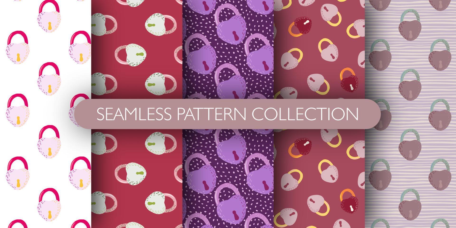 Set of seamless pattern with doodle hand drawn lock silhouettes. vector