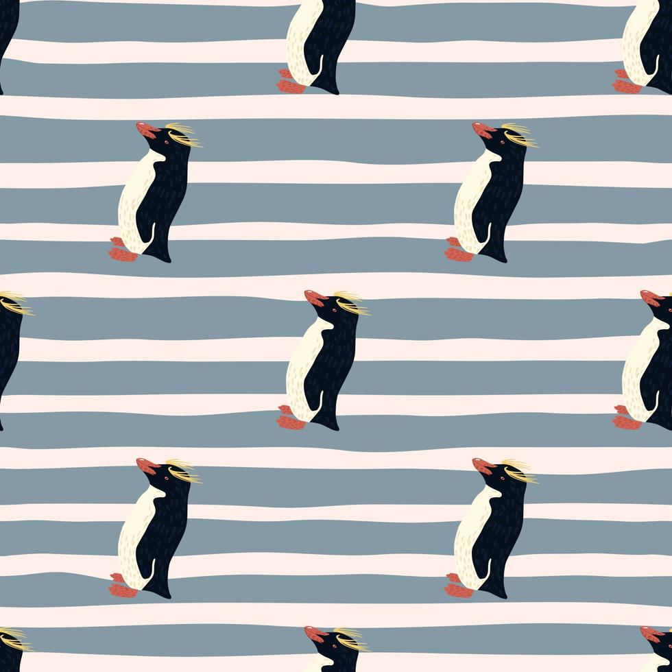 Crested penguins doodle silhouettes seamless animal pattern. Pastel blue striped background. vector