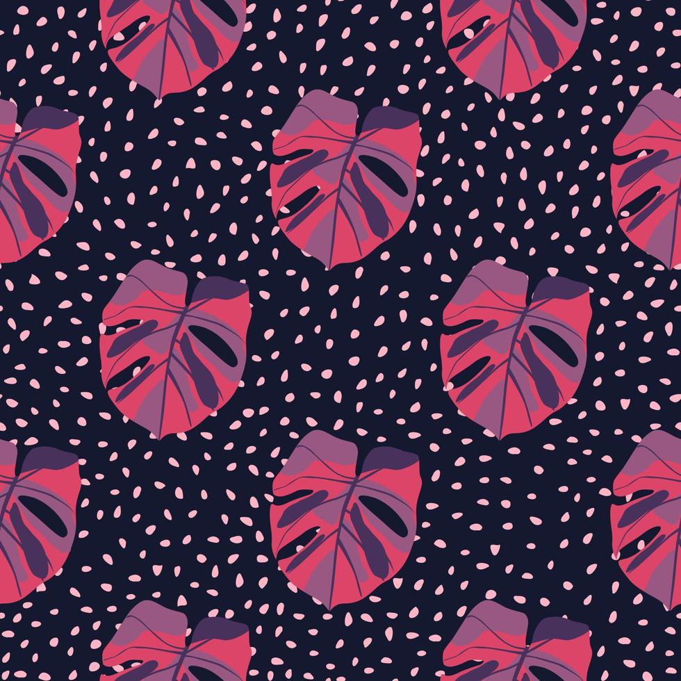 Purple and pink colored monstera seamless pattern. Tropic leaves on dark purple dotted background. vector
