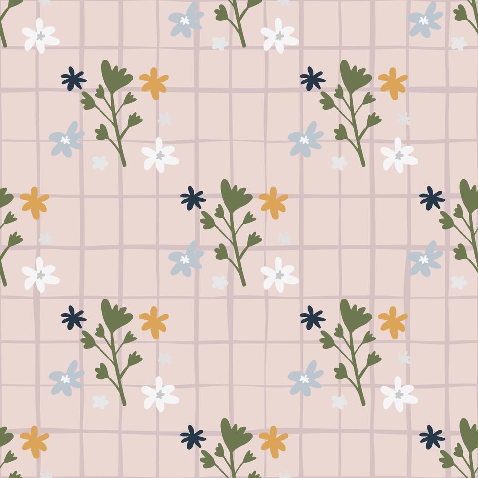 Romantic flower bouquet ornament seamless pattern. Pastel pink chequered background. vector