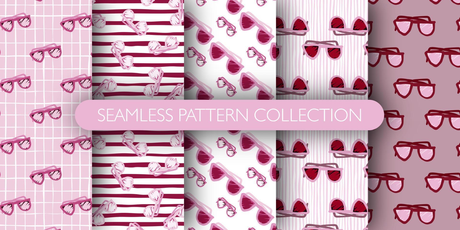 Set of seamless pattern with lilac sunglasses elements. Simple eyewear print collection. vector