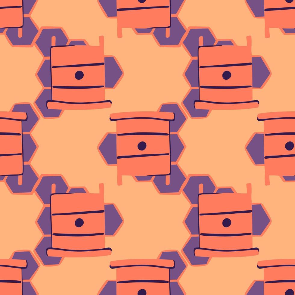 Simple doodle seamless pattern in honey theme. Pink beehives and purple honeycombs ornament on light orange background. vector
