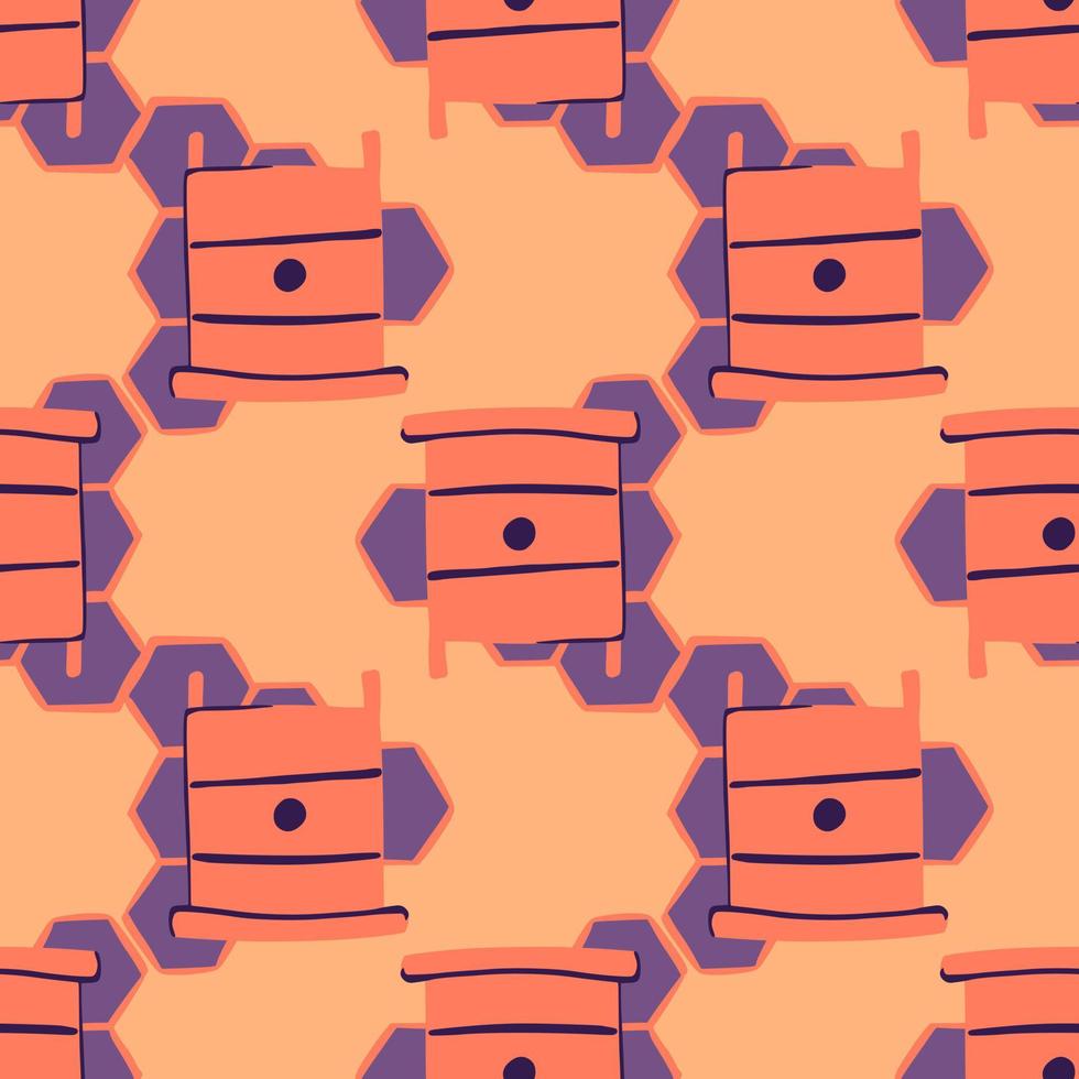 Simple doodle seamless pattern in honey theme. Pink beehives and purple honeycombs ornament on light orange background. vector