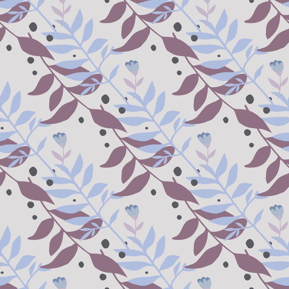 Soft forest foliage ornament seamless pattern. Blue and purple color botanic branches on light background. vector